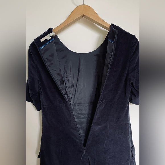 BODEN // navy blue velour velvet fit & flare  mini dress shirt sleeve polka dot - Picture 6 of 12